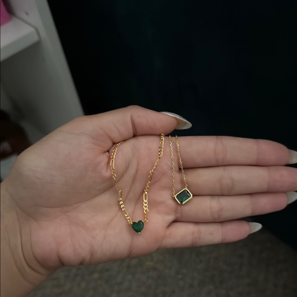 Two Gold Necklace with Green Pendant